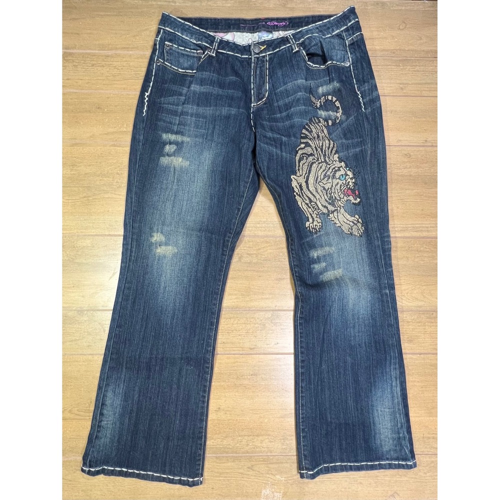 Ed Hardy Tiger Rhinestone Contrast Stitch Dark Wash Jeans Size‎ 30 Vintage Y2K